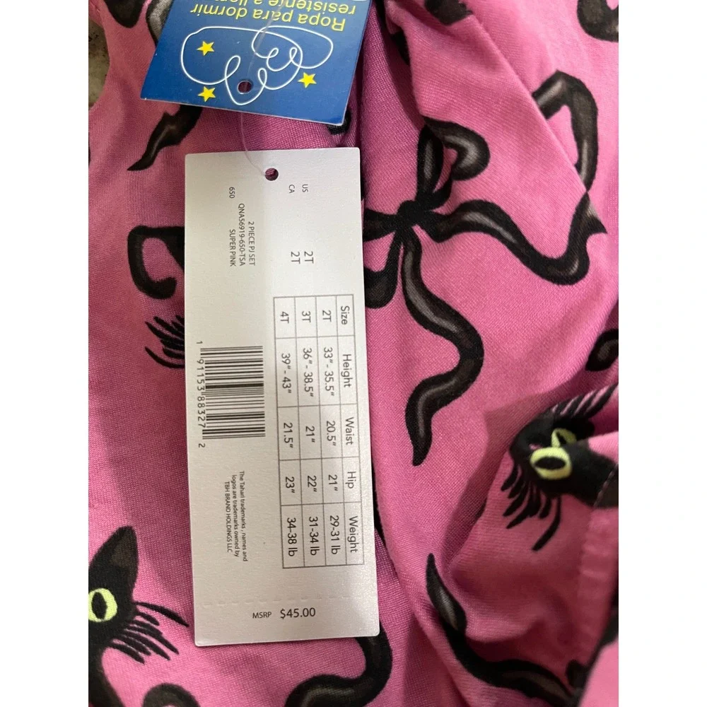 Pink Tahari Girl Toddler Pajama Set Black Cat Ribbon Bow With Bow Ties Down 2T